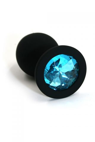 Чёрная анальная пробка из силикона Medium, с голубым стразом (7, Ø 3.5 см)