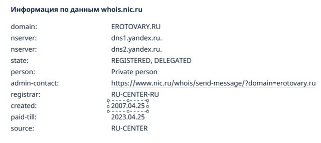 Данные о домене erotovary.ru